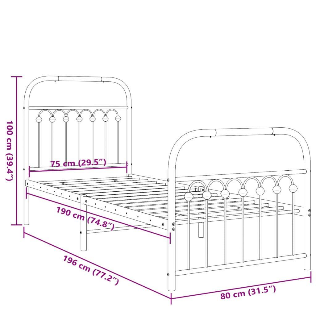 Bed frame with head and footboard metal black 75x190 cm