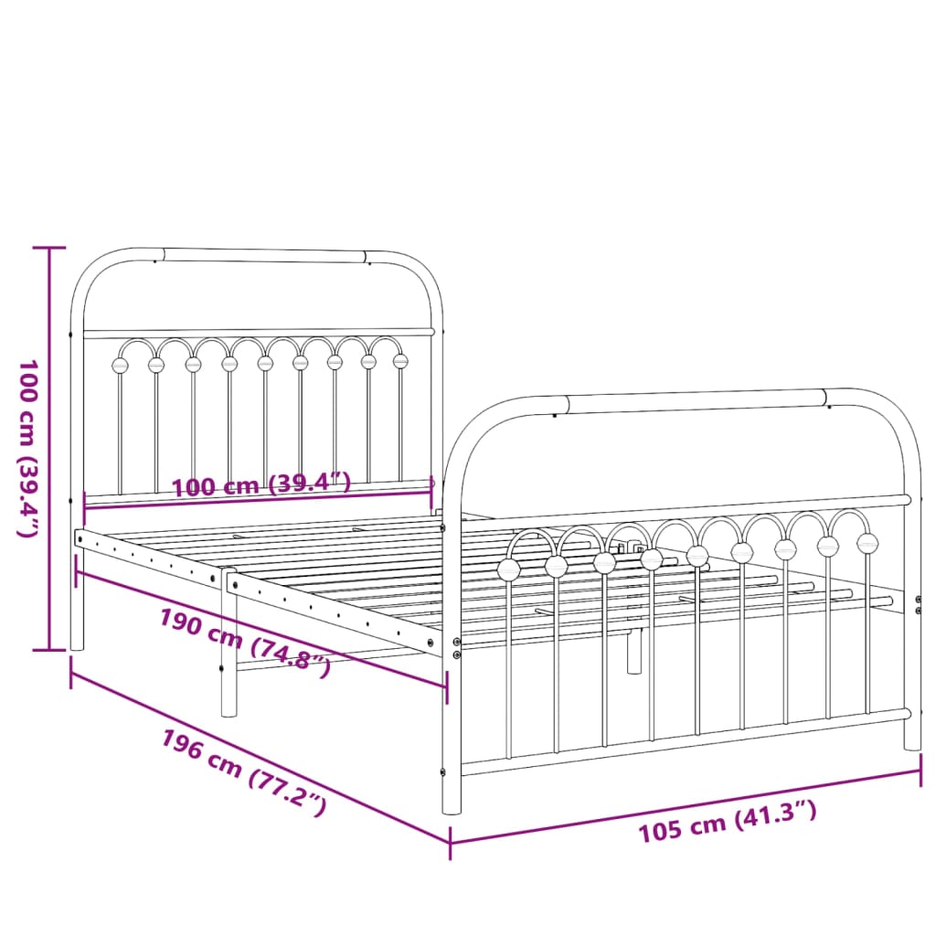 Bed frame with head and footboard metal black 100x190 cm