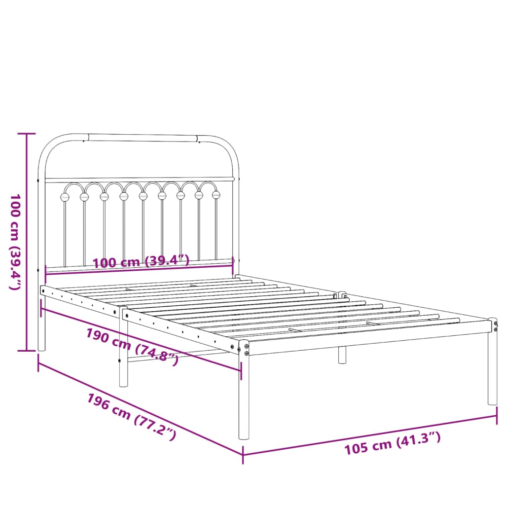Bed frame with headboard metal white 100x190 cm