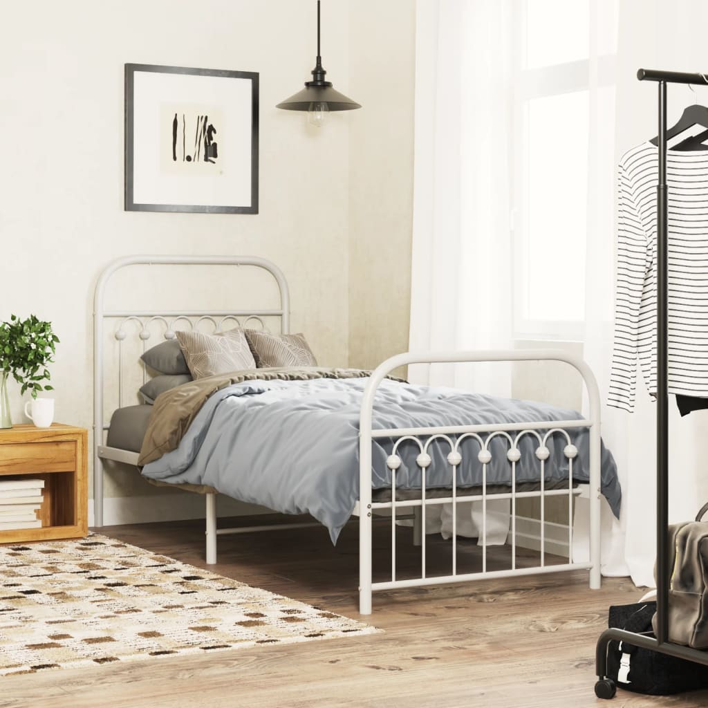 Bed frame with head and footboard metal white 75x190 cm