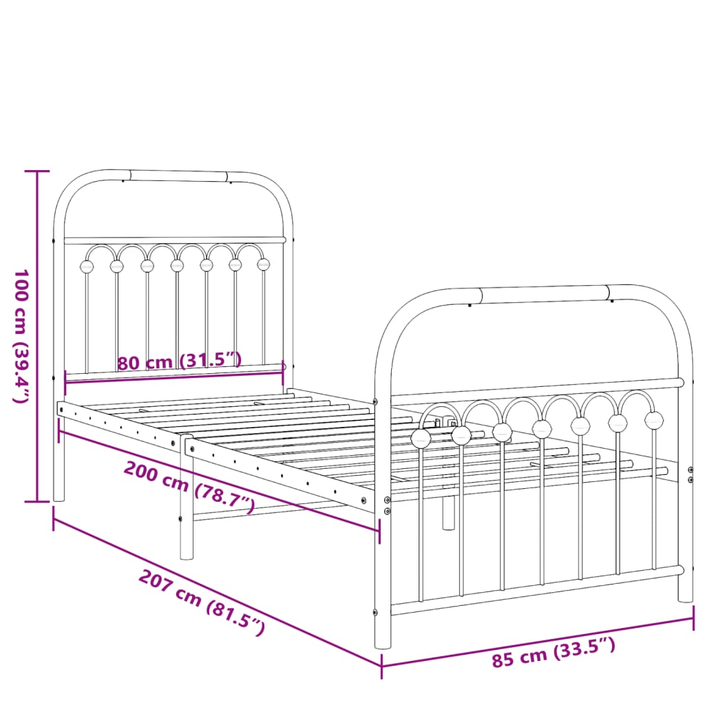 Bed frame with head and footboard metal white 80x200 cm
