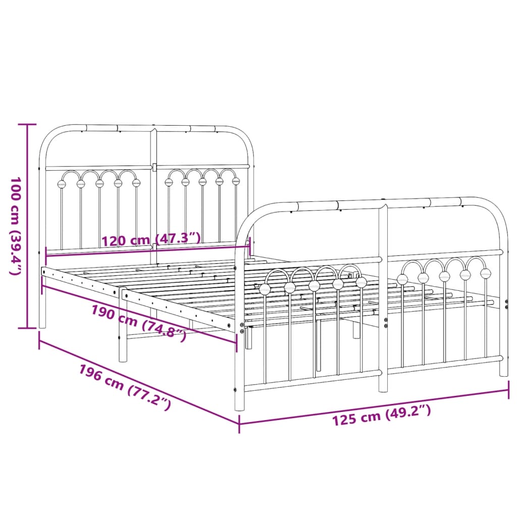 Bed frame with head and footboard metal white 120x190 cm