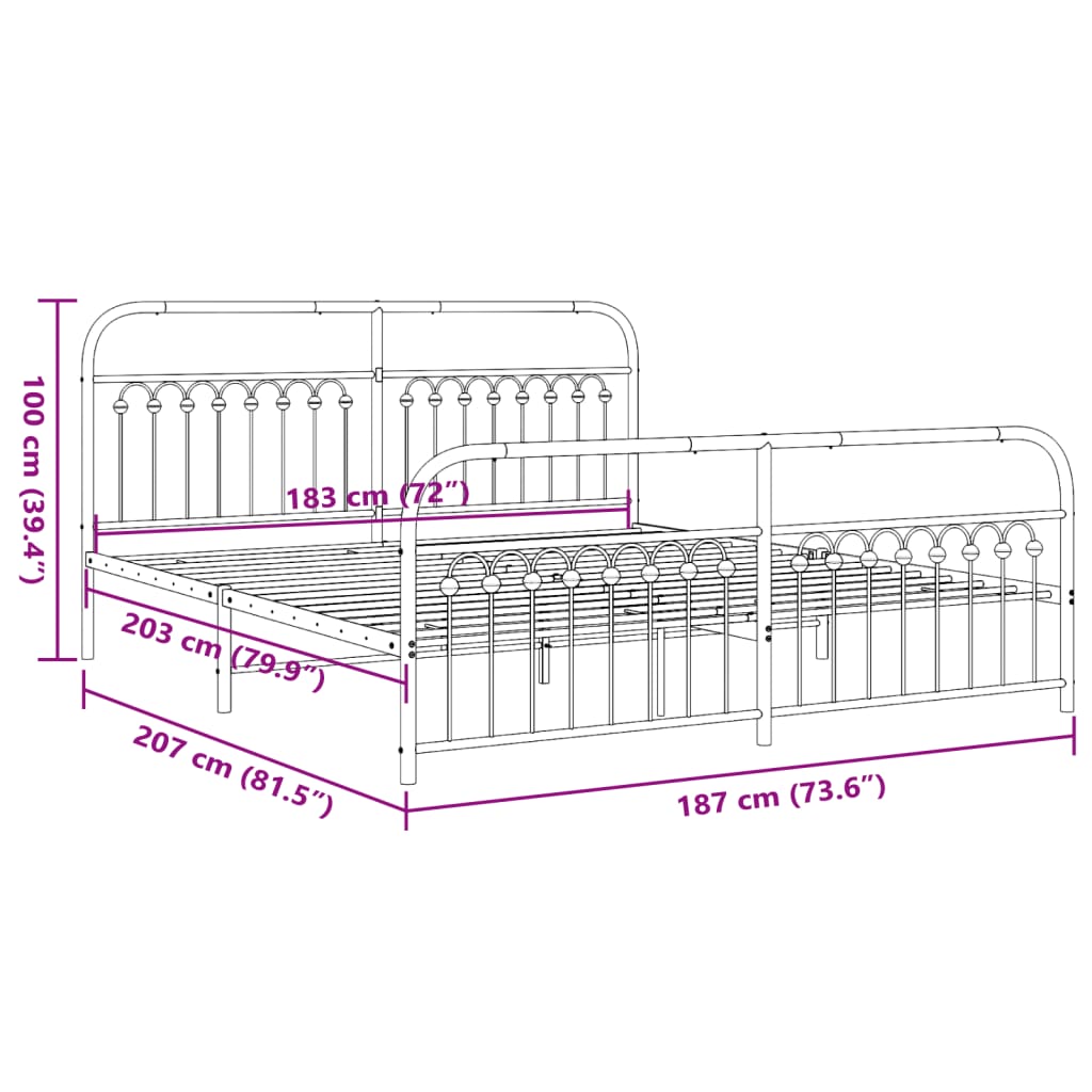 Bed frame with head and footboard metal white 183x203 cm