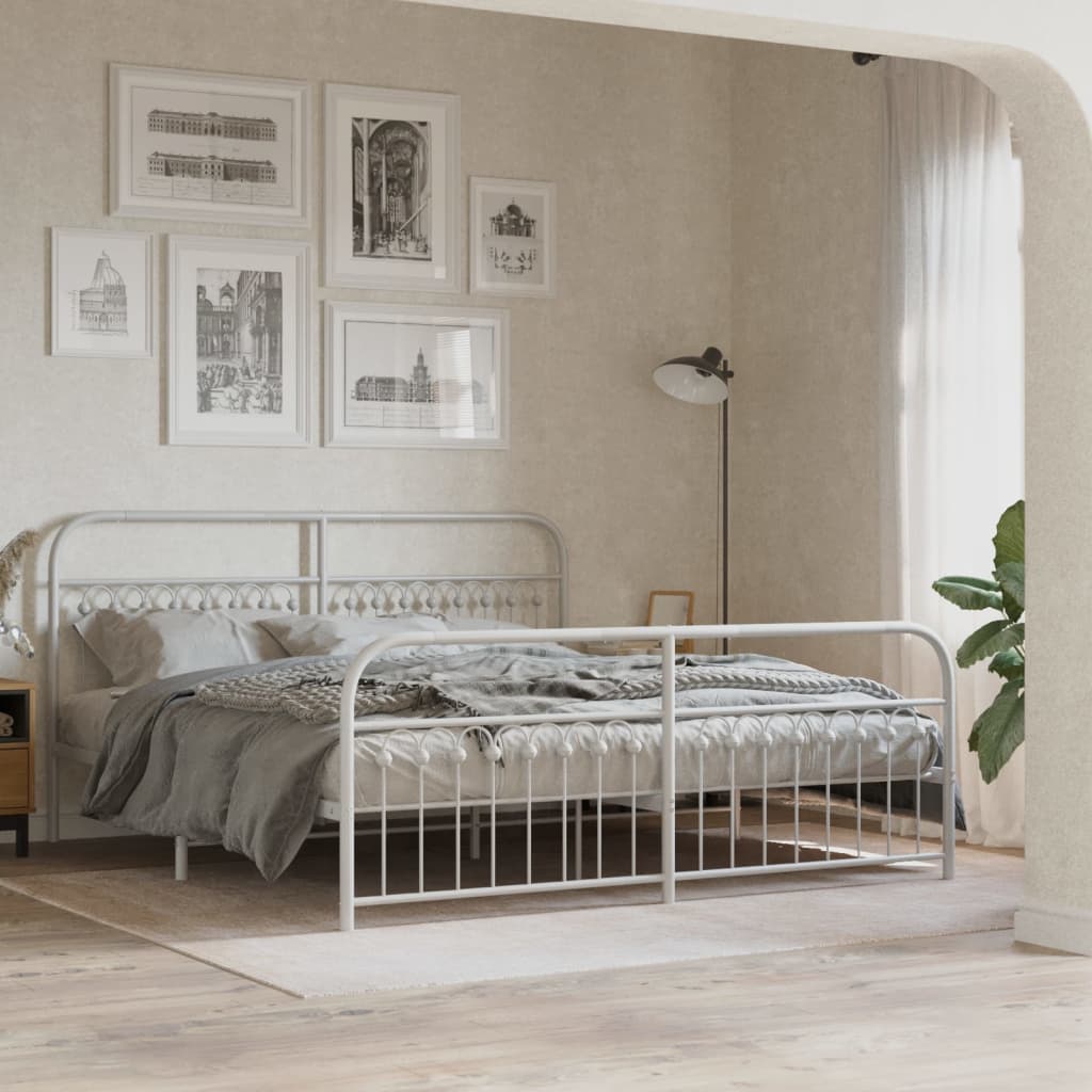 Bed frame with head and footboard metal white 183x203 cm