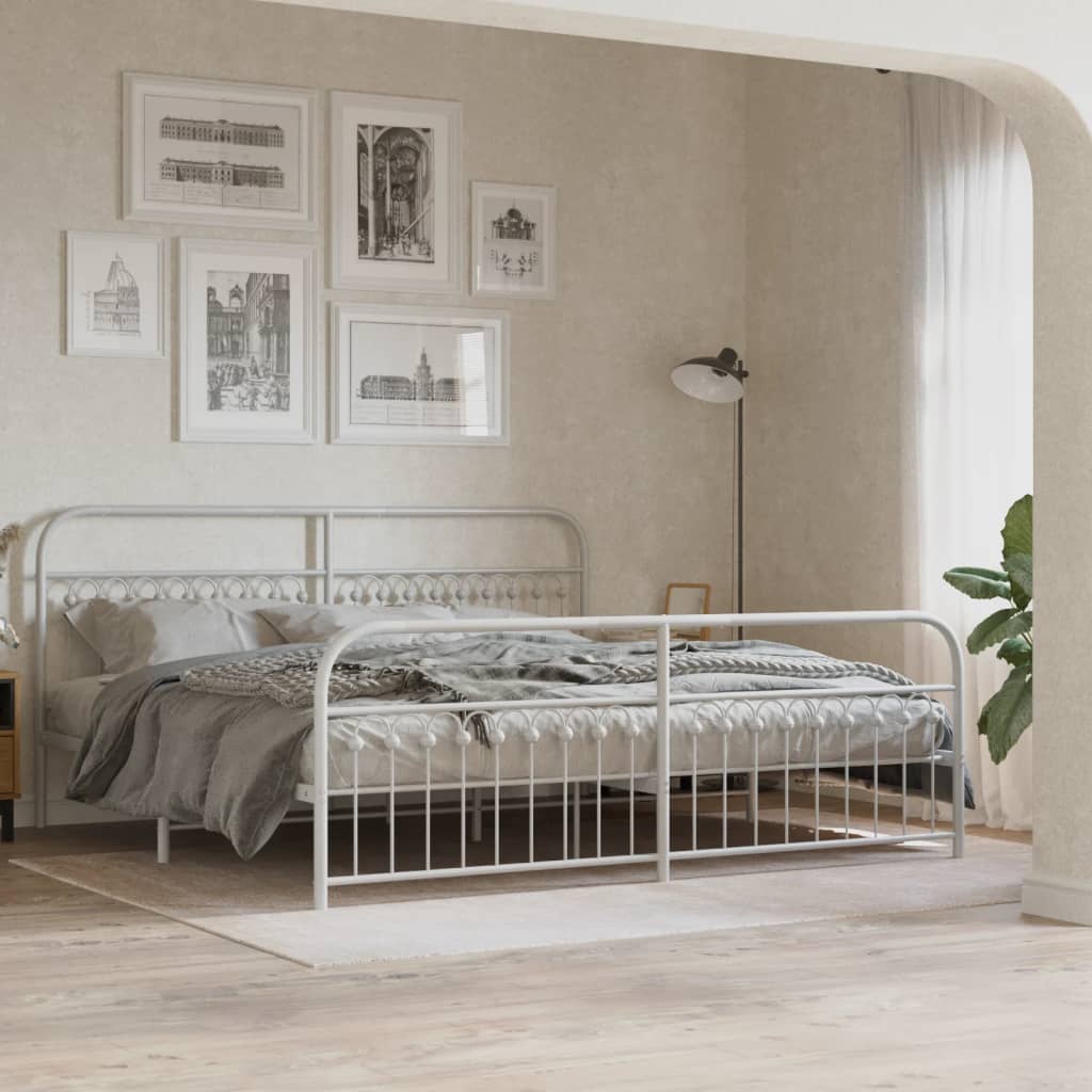 Bed frame with head and footboard metal white 193x203 cm