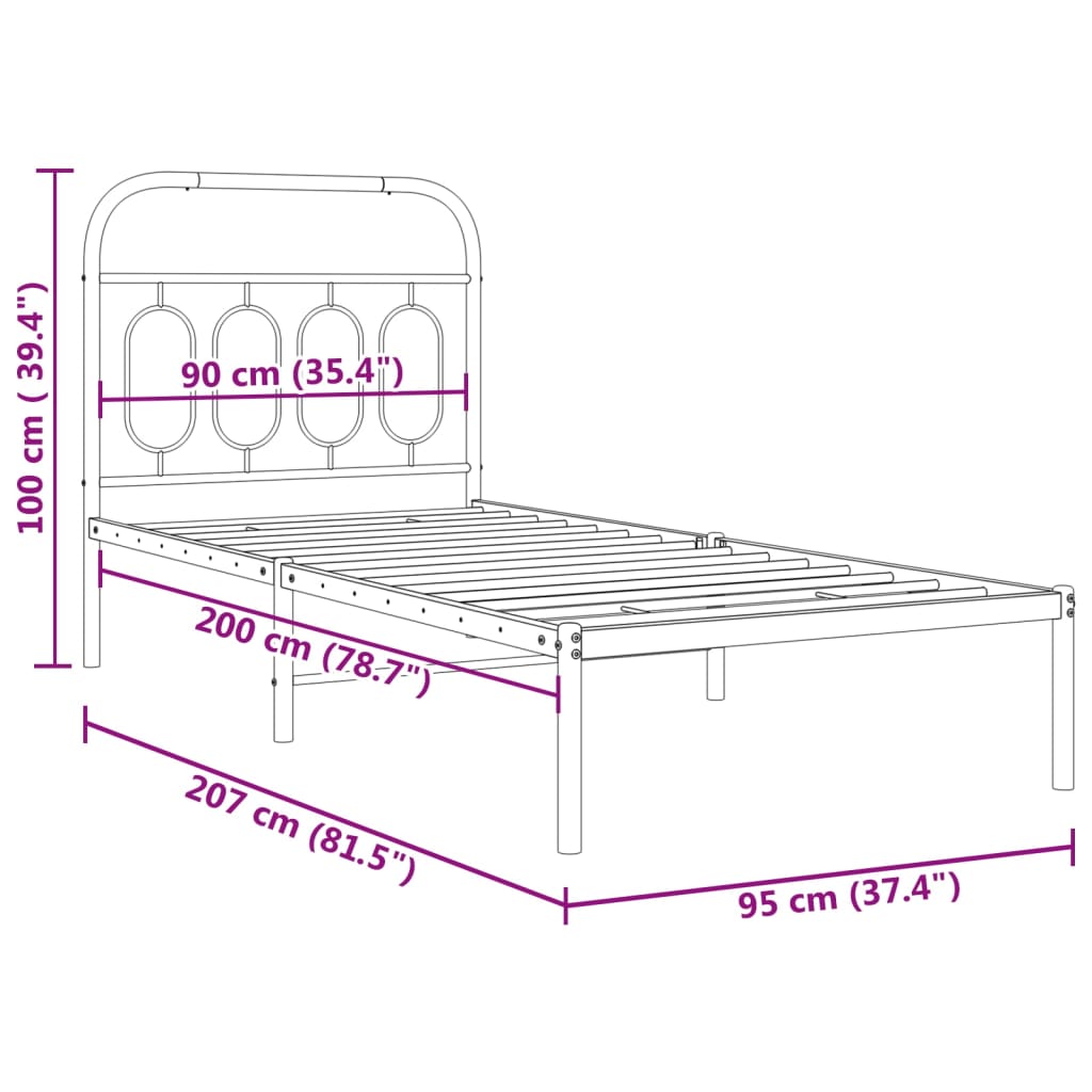 Bed frame with headboard metal black 90x200 cm