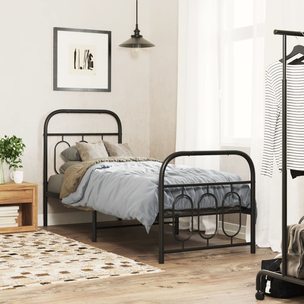 Bed frame with head and footboard metal black 75x190 cm