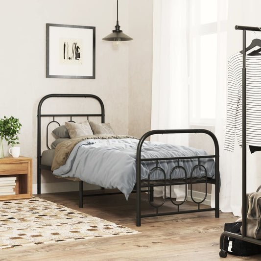 Bed frame with head and footboard metal black 75x190 cm