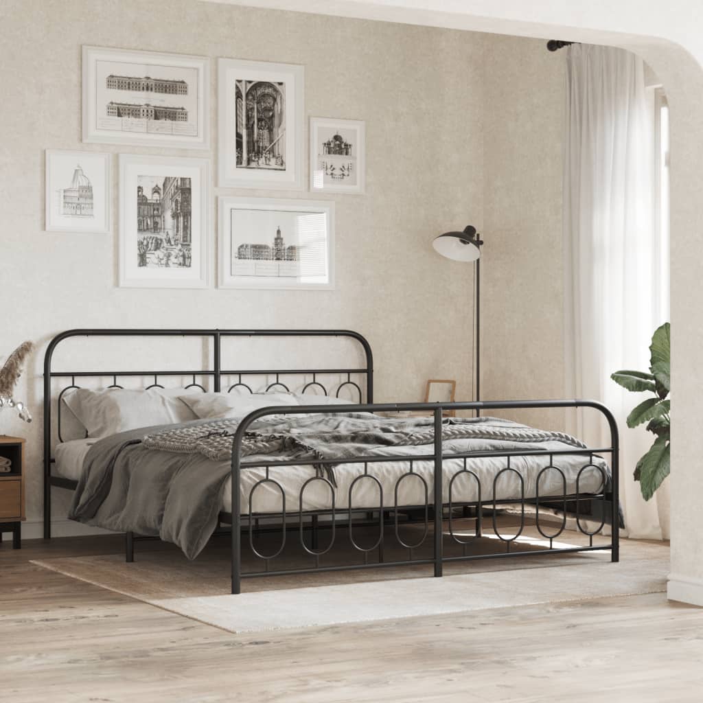 Bed frame with head and footboard metal black 193x203 cm