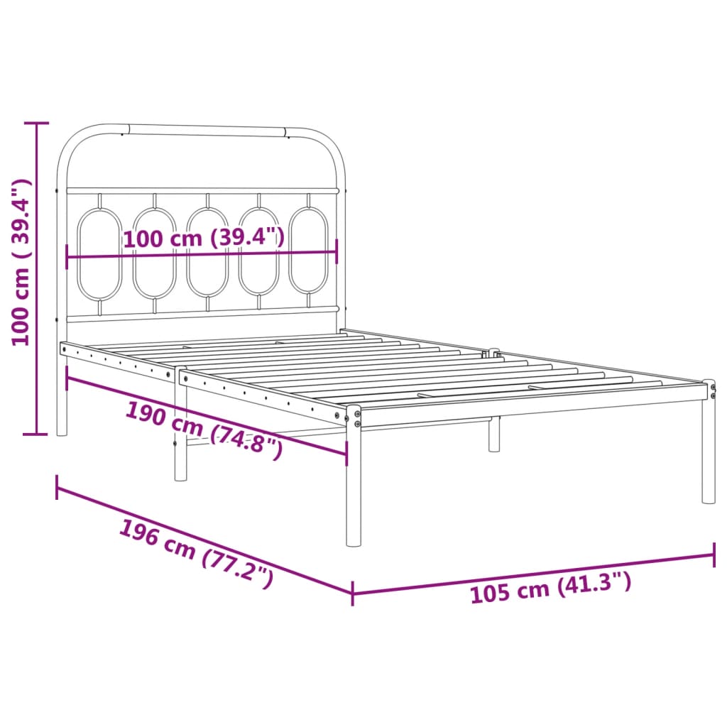 Bed frame with headboard metal white 100x190 cm