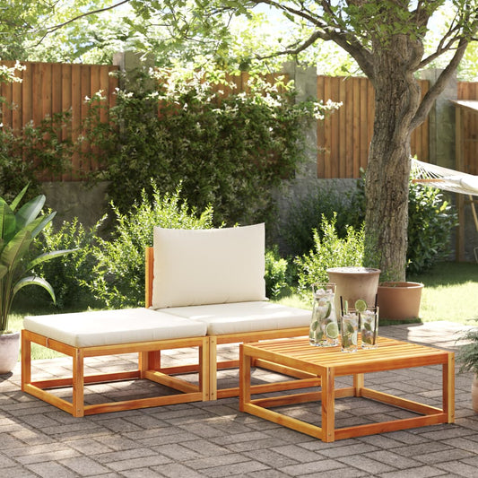 3 pièces. Ensemble de canapé de jardin avec coussins en bois d'acacia massif