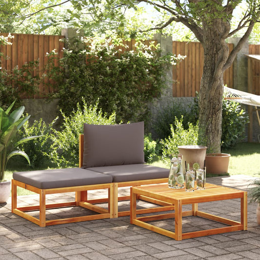 3 pièces. Ensemble de canapé de jardin avec coussins en bois d'acacia massif