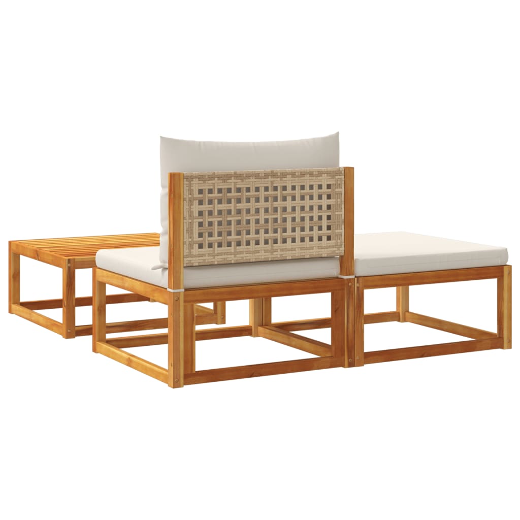 3 pièces. Ensemble de canapé de jardin avec coussins en bois d'acacia massif