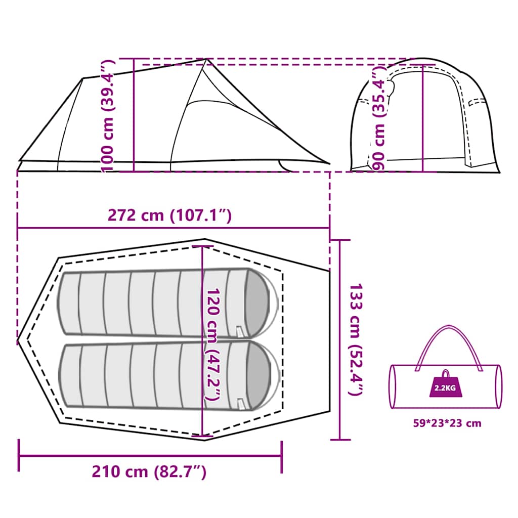 Tunnelzelt 2 Personen Braun Wasserdicht