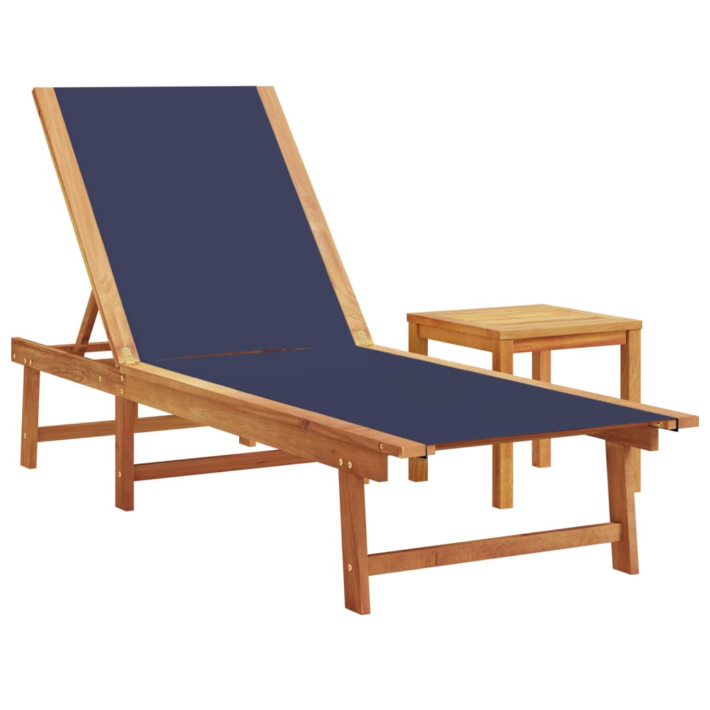 Bain de soleil avec table en bois massif d'acacia et textilène bleu