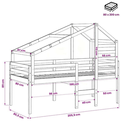 Hochbett mit Dach Wachsbraun 80x200 cm Massivholz Kiefer