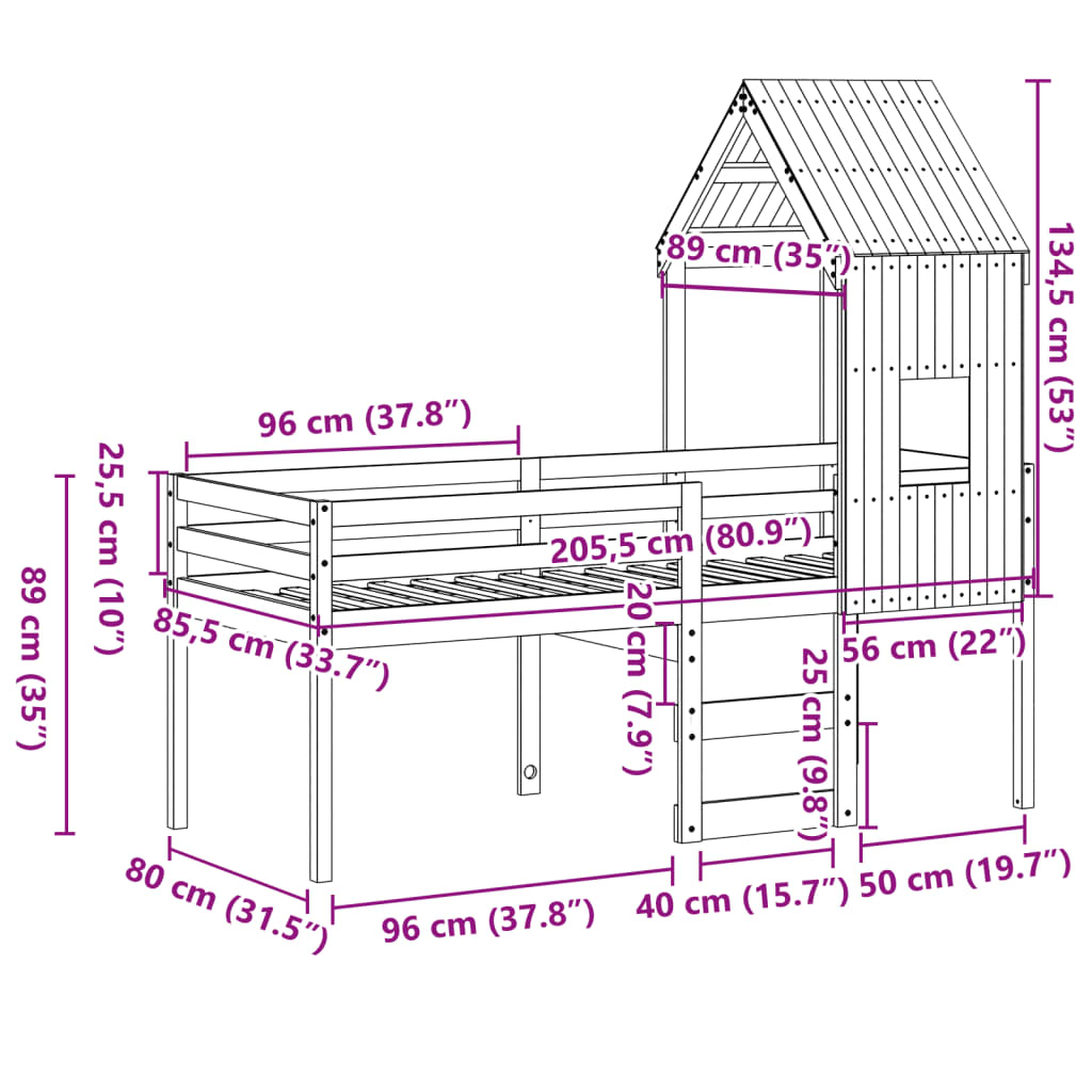 Hochbett mit Dach Wachsbraun 80x200 cm Massivholz Kiefer