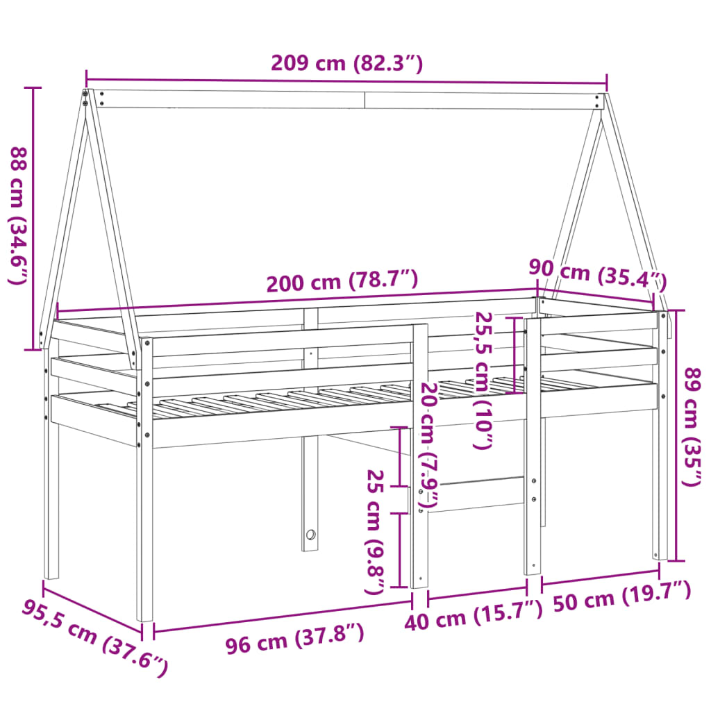 Hochbett mit Dach Wachsbraun 90x200 cm Massivholz Kiefer