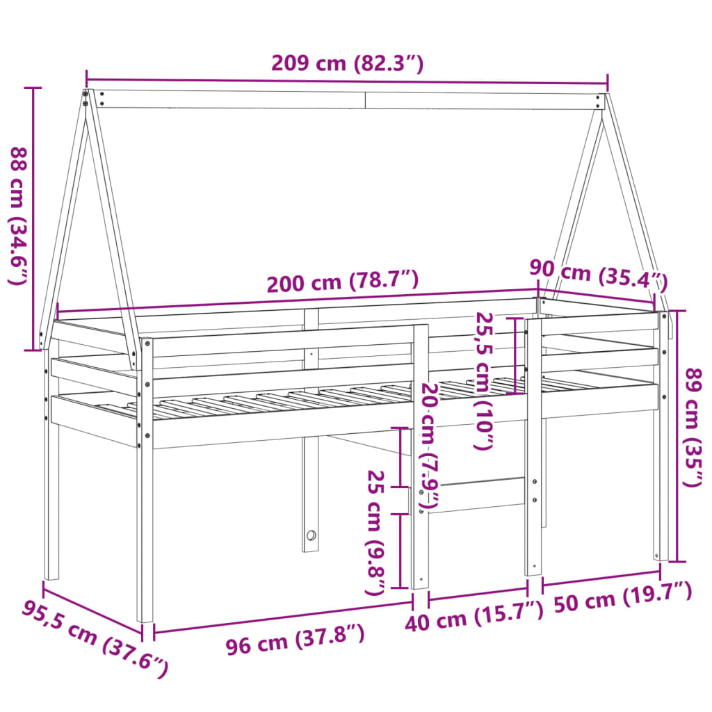 Hochbett mit Dach 80x200 cm Massivholz Kiefer