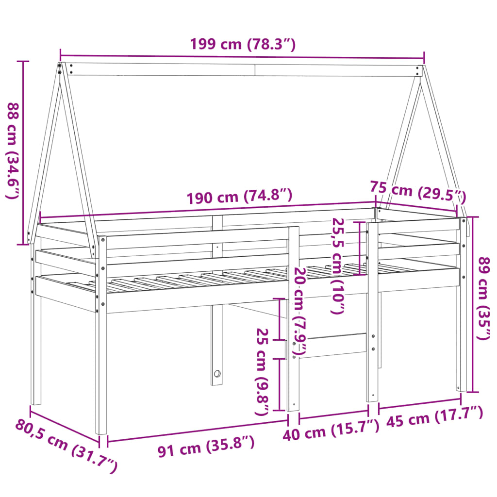 Hochbett mit Dach Wachsbraun 75x190 cm Massivholz Kiefer