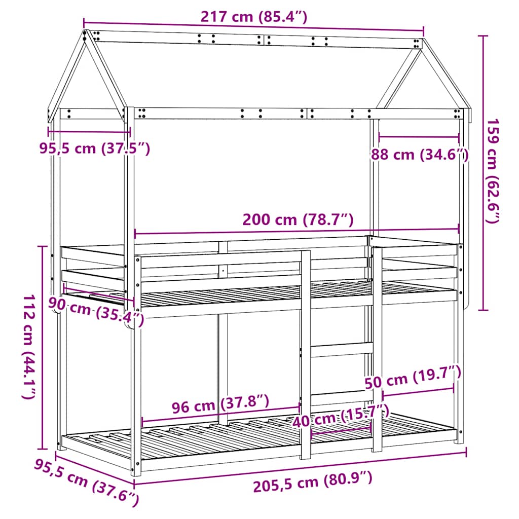 Etagenbett ohne Matratze 90x200 cm Massivholz Kiefer