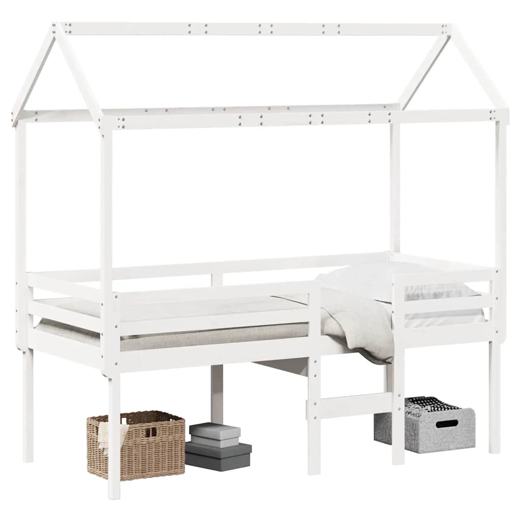 Hochbett mit Dach Weiß 90x200 cm Massivholz Kiefer