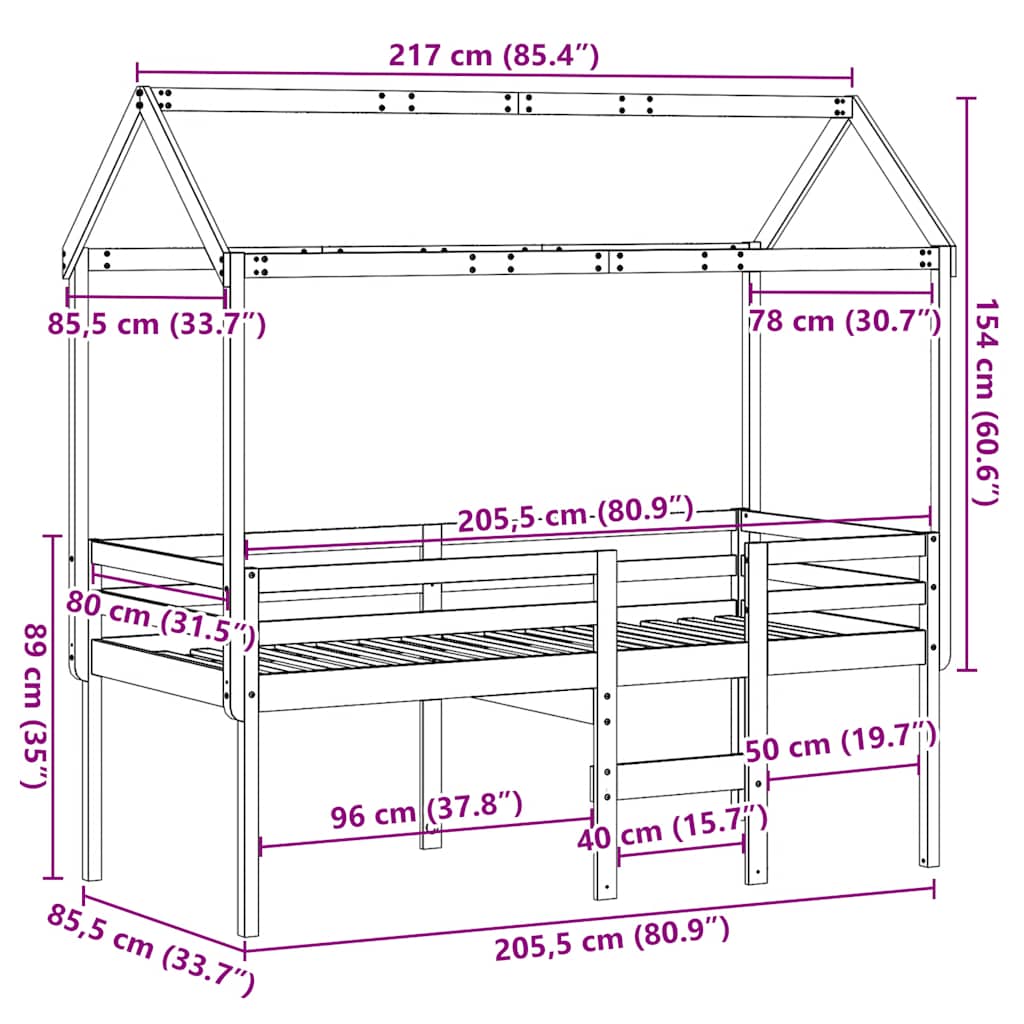 Hochbett mit Dach 80x200 cm Massivholz Kiefer