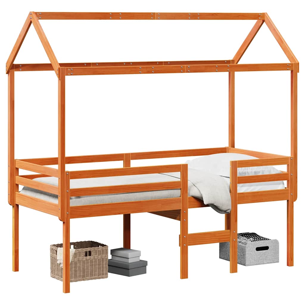 Hochbett mit Dach Wachsbraun 80x200 cm Massivholz Kiefer
