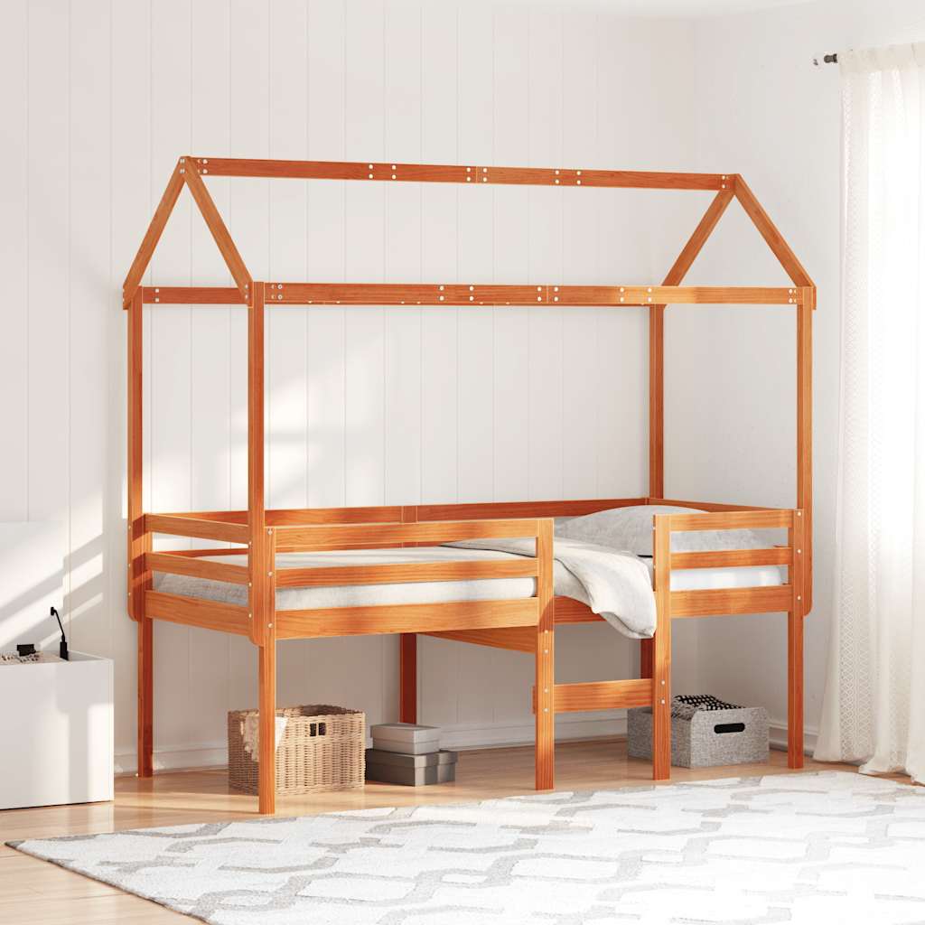 Hochbett mit Dach Wachsbraun 80x200 cm Massivholz Kiefer