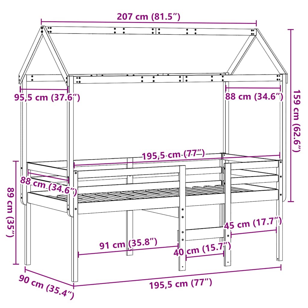 Hochbett mit Dach Weiß 90x190 cm Massivholz Kiefer
