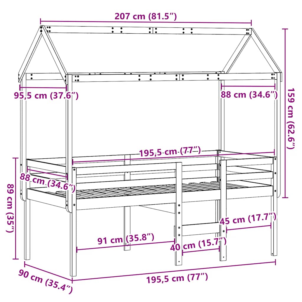 Hochbett mit Dach Wachsbraun 90x190 cm Massivholz Kiefer