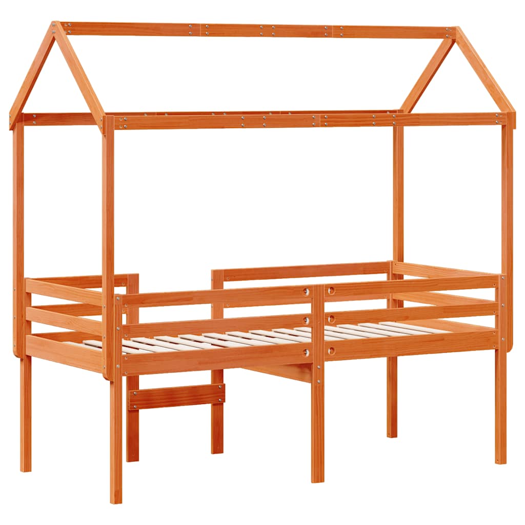 Hochbett mit Dach Wachsbraun 90x190 cm Massivholz Kiefer
