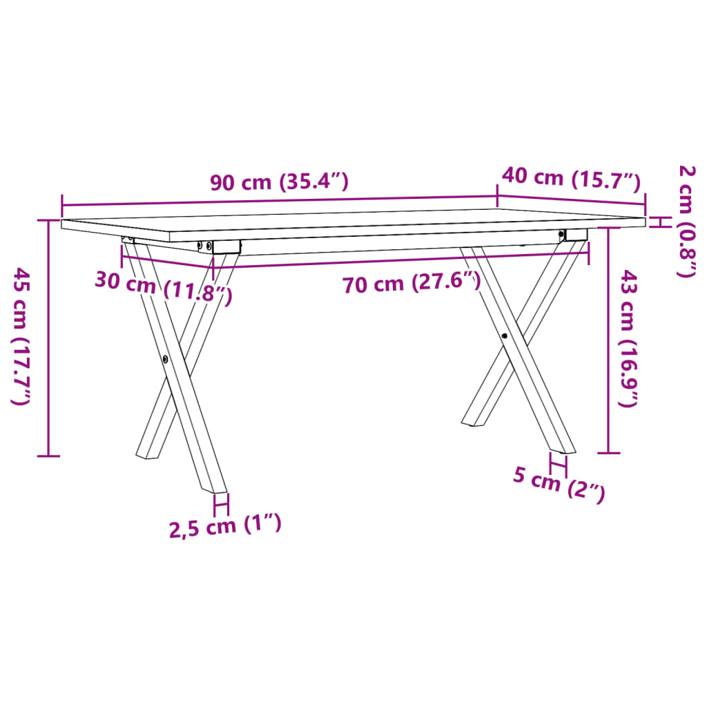 Coffee table X-frame 90x40x45cm solid pine and cast iron
