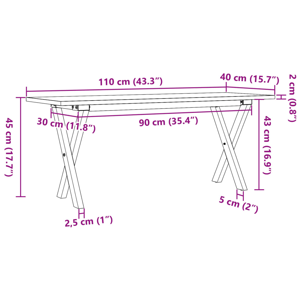 Table basse X-frame 110x40x45 cm pin massif et acier