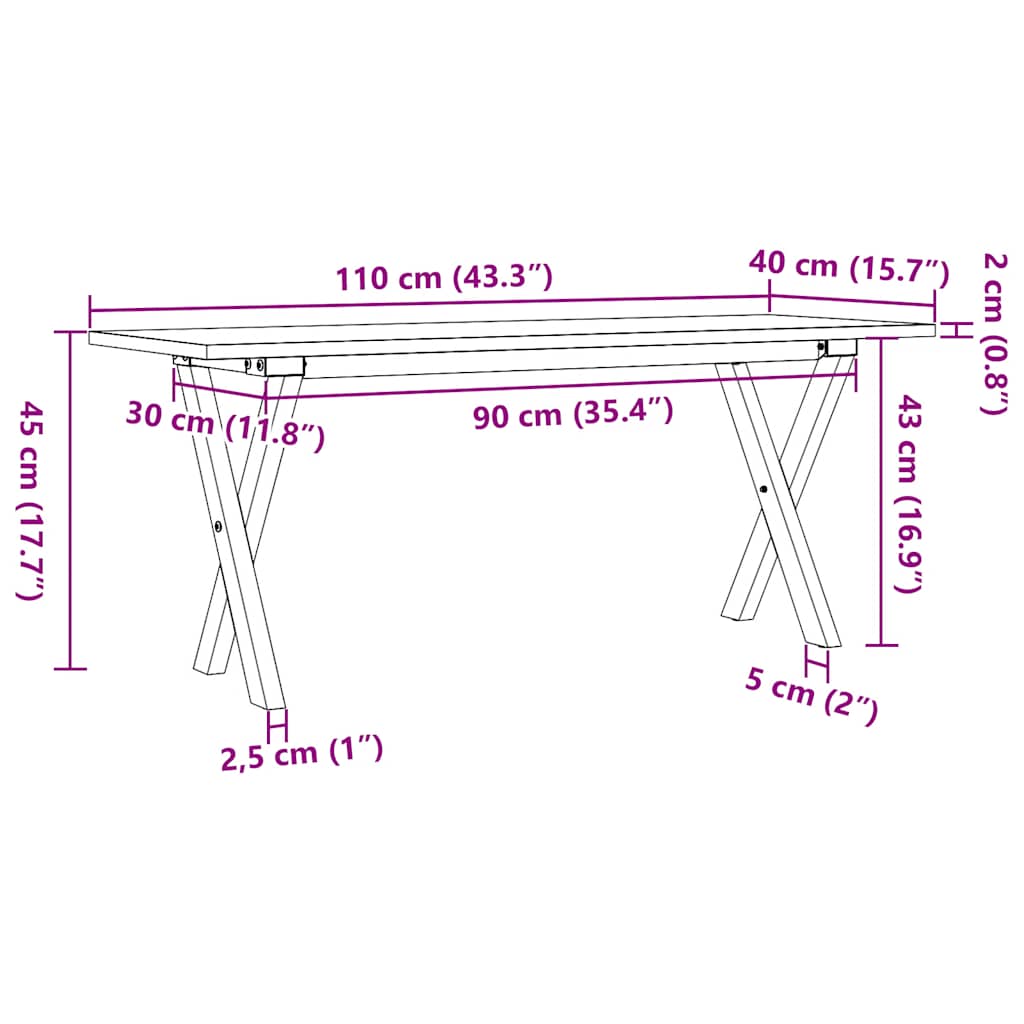Couchtisch X-Gestell 110x40x45 cm Massivholz Kiefer & Stahl