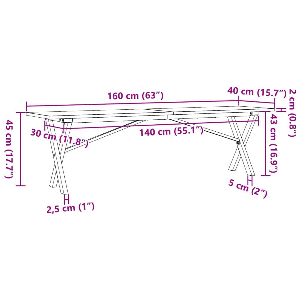 Table basse X-frame 160x40x45 cm pin massif et acier
