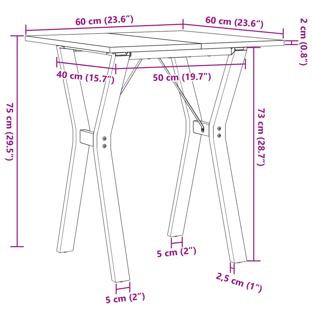 Table à manger structure en Y 60x60x75 cm pin massif et acier