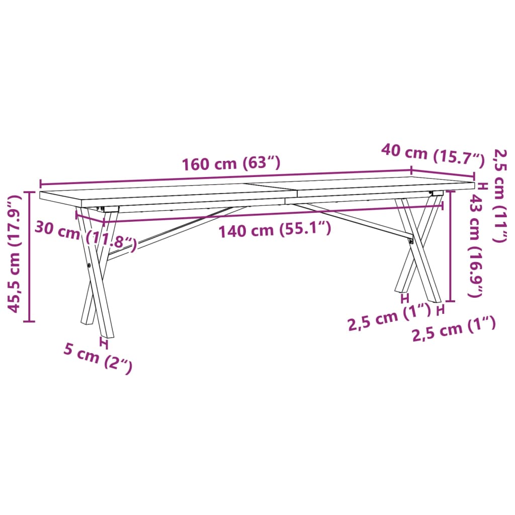 Table basse X-frame 160x40x45,5 cm pin massif acier