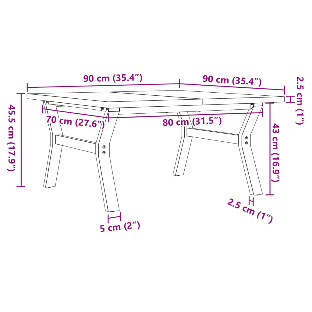 Coffee table Y-frame 90x90x45.5cm solid pine &amp; cast iron