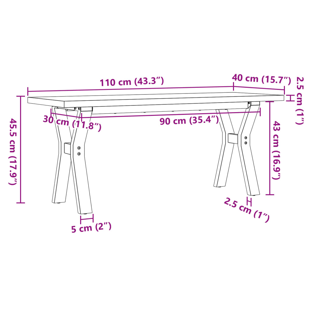 Coffee table Y-frame 110x40x45.5 cm solid pine wood cast iron