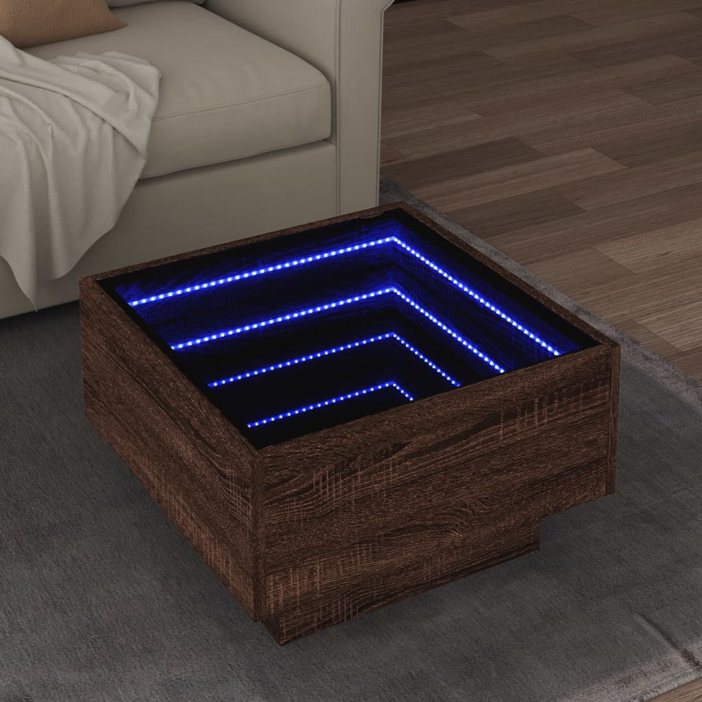 Table basse LED aspect chêne marron 50x50x30 cm matériau bois