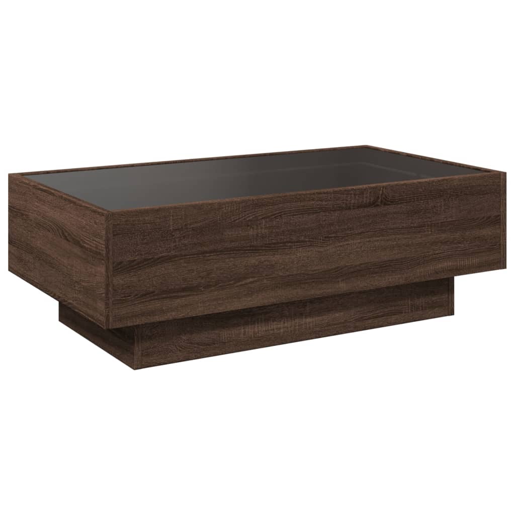 Table basse LED aspect chêne marron 90x50x30 cm matériau bois