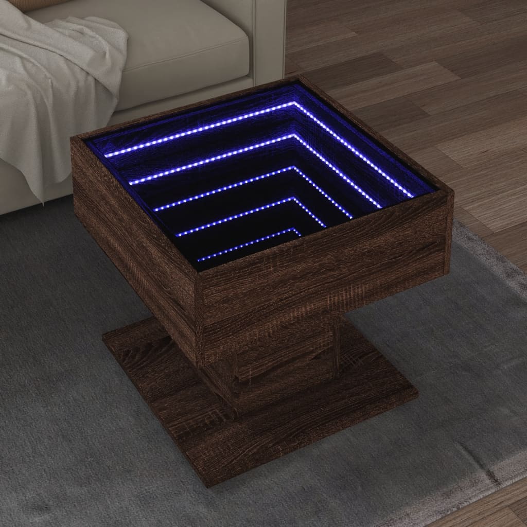 Table basse LED aspect chêne marron 50x50x45 cm matériau bois