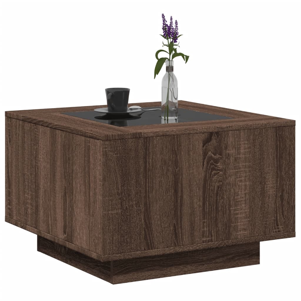 Table basse LED aspect chêne marron 60x60x40 cm matériau bois