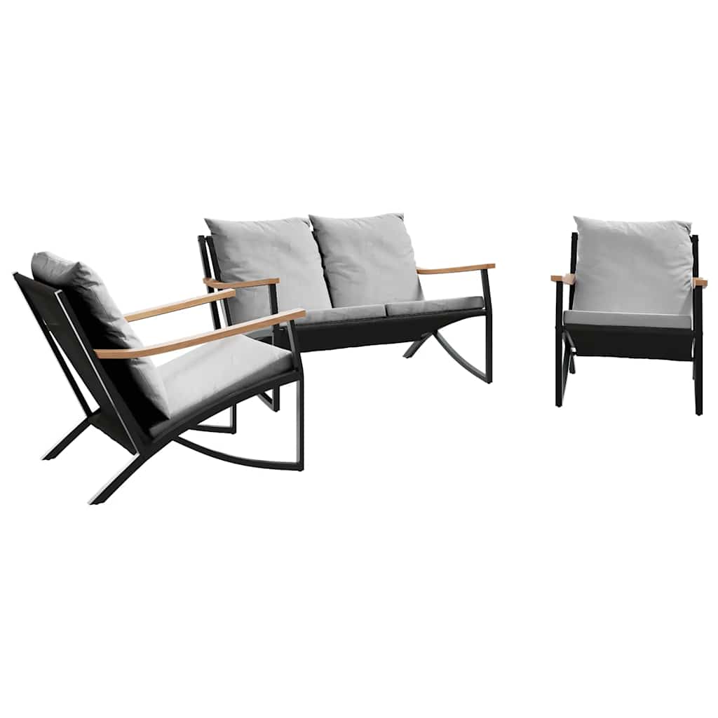 3-tlg. Balkonmöbel-Set mit Kissen Schwarz Stahl