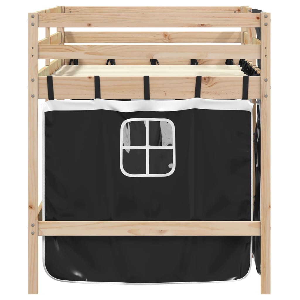 Kinderhochbett mit Vorhängen Weiß und Schwarz Massivholz Kiefer