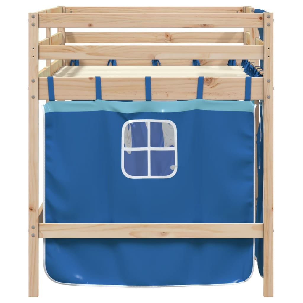 Kinderhochbett mit Vorhängen Blau 90x200 cm Massivholz Kiefer