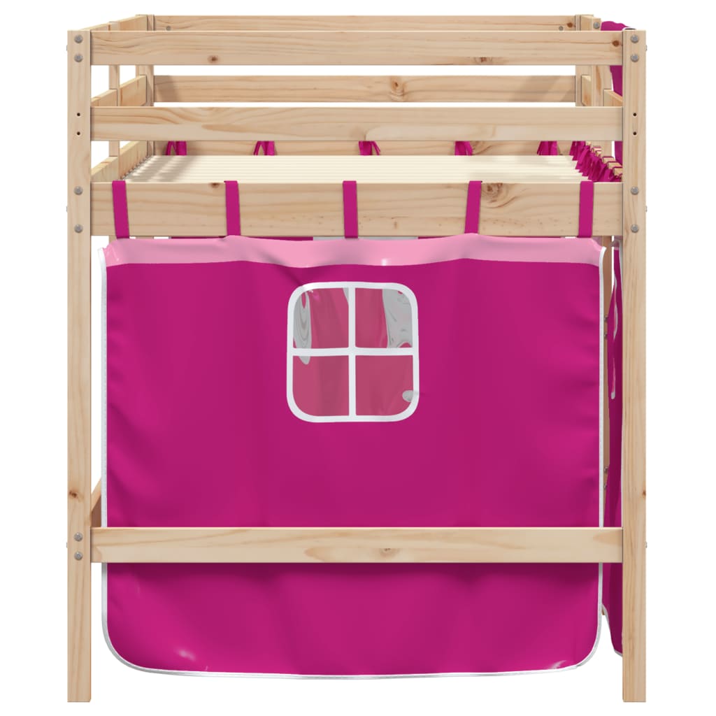 Children's loft bed with curtains pink 90x200 cm solid pine wood