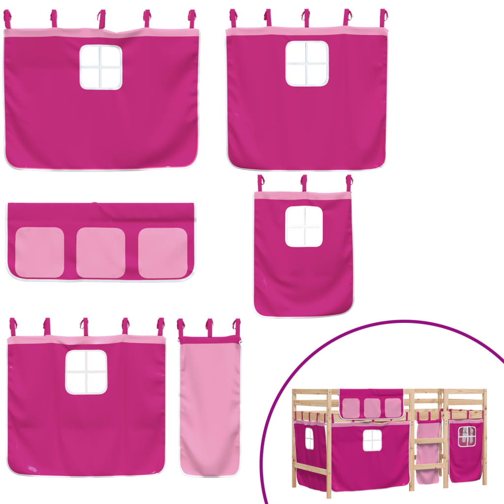 Children's loft bed with curtains pink 90x200 cm solid pine wood