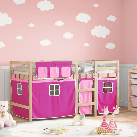 Children's loft bed with curtains pink 90x200 cm solid pine wood